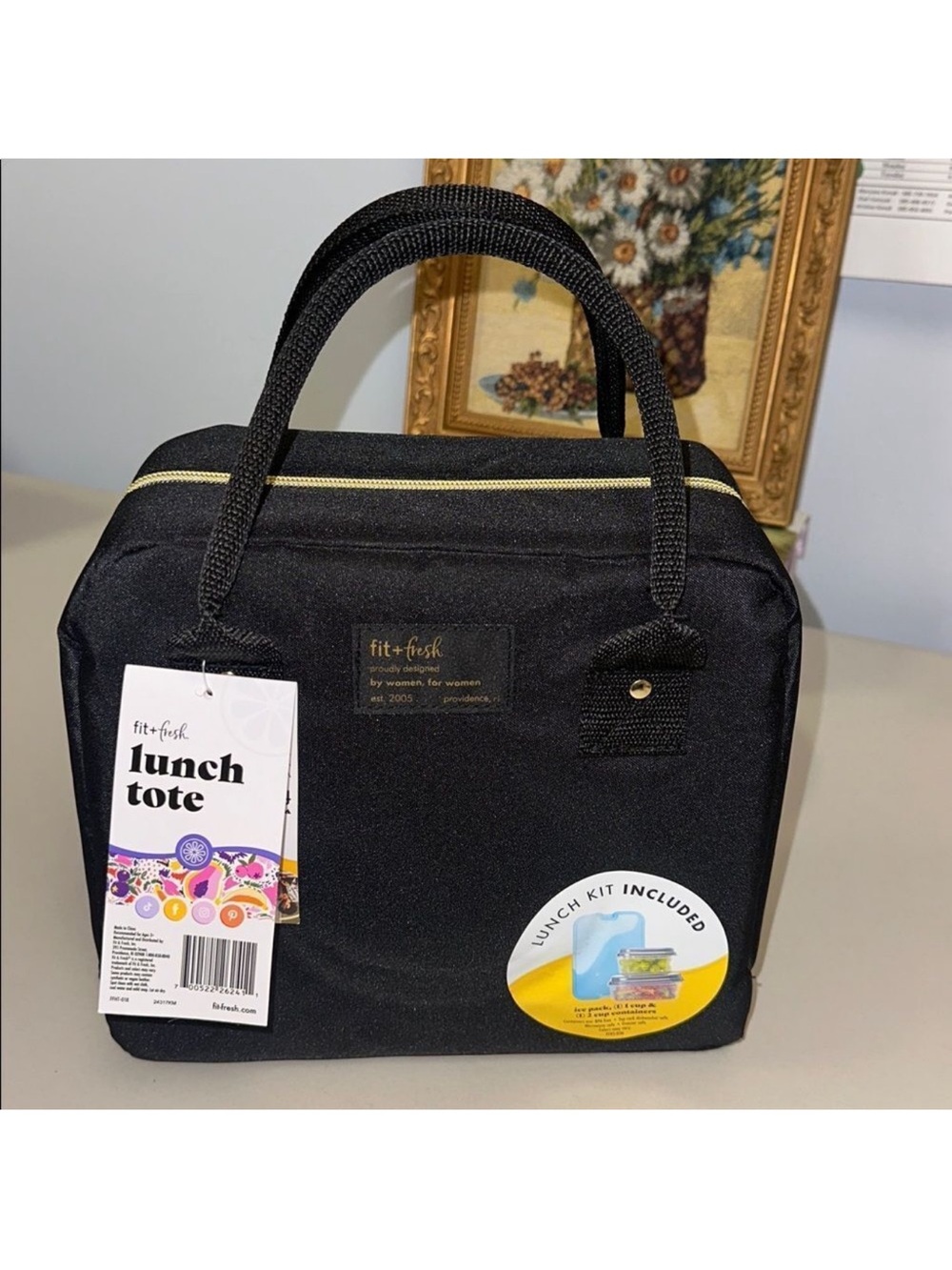 fit + fresh Bloomington Black Lunch Tote Bag w/ Handles Ice Pack & 2 Containers